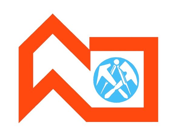 Logo mit orangefarbenem Pfeil und blauer Symbolik von Werkzeugen in einem Kreis.