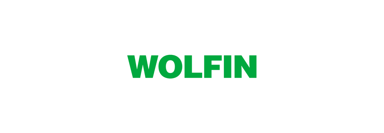 Grüner Schriftzug „WOLFIN“ auf hellem Hintergrund.