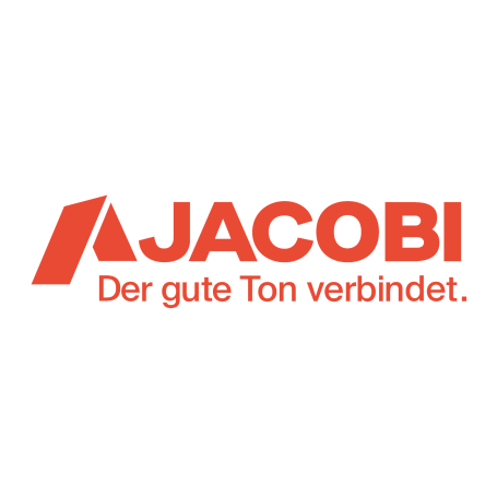 Logo von Jacobi mit dem Slogan „Der gute Ton verbindet“ in orange und weiß.
